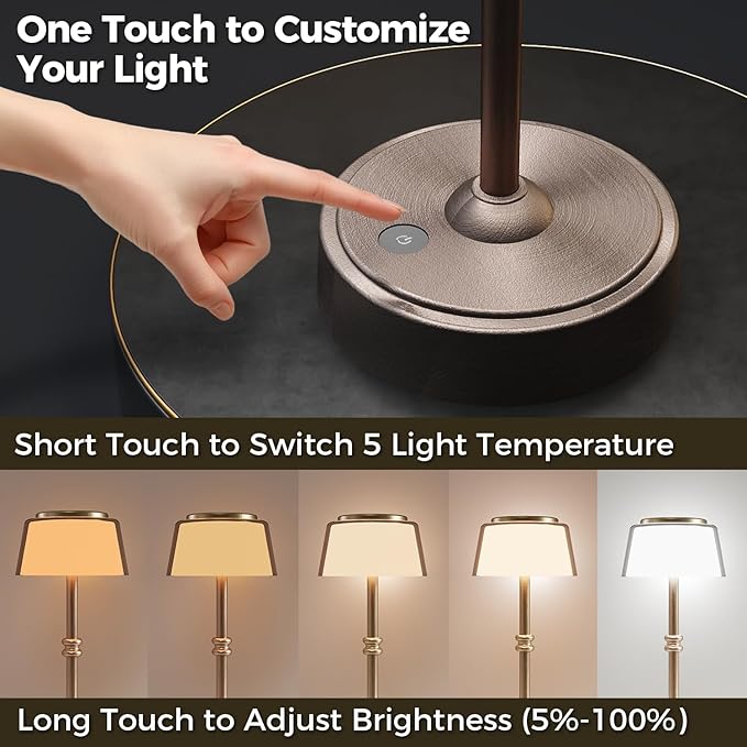 LED Cordless Lamp, 5 Colors Stepless Dimming Table Lamp, 4400mAh Rechargeable Battery with USB Charging Port, Portable Touch Bedside Light for Patio, Restaurant, Dining (1, Antique Brass)