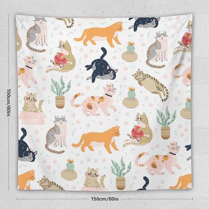 VUMIVI Cute Cat Tapestry Kids Hand-Painted Doodles Colorful Illustrations Potted Plants Paw Prints Tapestry Wall Hanging for Living Room Bedroom Dorm Classroom Aesthetic Decor W60xL60in