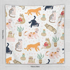 VUMIVI Cute Cat Tapestry Kids Hand-Painted Doodles Colorful Illustrations Potted Plants Paw Prints Tapestry Wall Hanging for Living Room Bedroom Dorm Classroom Aesthetic Decor W60xL60in