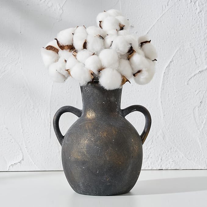 SIDUCAL Rustic Ceramic Farmhouse Flower Vase with 2 Handles, Terracotta Vase, Decorative Pottery Flower for Home Decor, Table, Wedding, Living Room, Shelf Decor, 7.3 Inch, Black Bronze