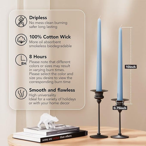 10-Inch Tall Dripless Taper Candles Set of 4 - Baby Blue Tapered Candles, Perfect for Halloween,Fall - Smokeless, Unscented, Long Burning - Hand Poured, Colored Tall Candlesticks - Baby Azul