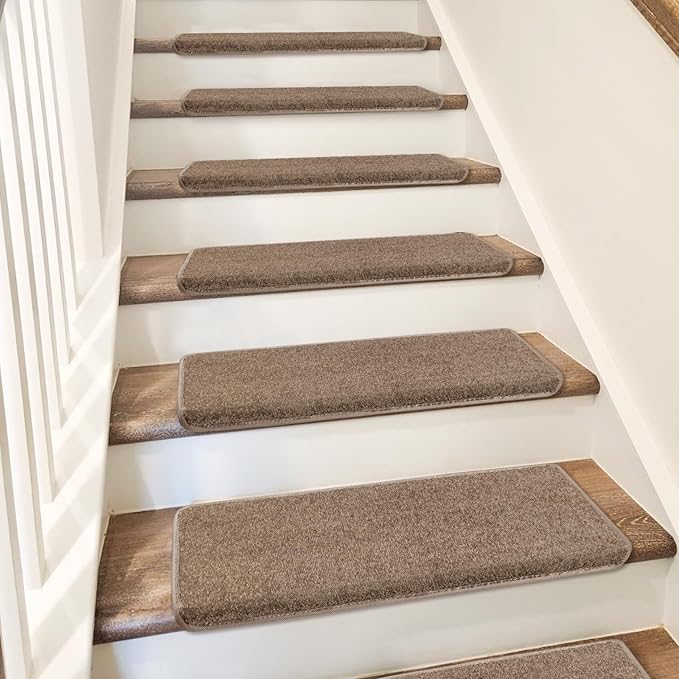 PURE ERA Bullnose Carpet Stair Treads Set Tape Free Non-Slip Indoor Stair Protectors Pet Friendly Rugs Covers Soft Skid Resistant Washable Reusable 9.5" x 30"(14 Pieces, Camel Brown)