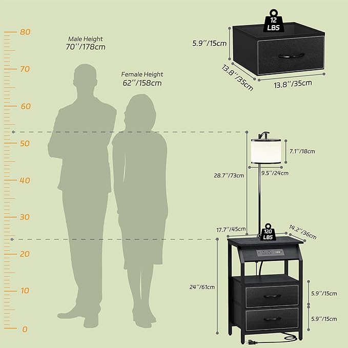 End Table with Floor Lamp, Nightstand with Charging Station, Floor Lamp Table with 3-Color Temperature Bulb, Bedside Table Night Stand with 2 Drawers for Bedroom, Living Room, Black