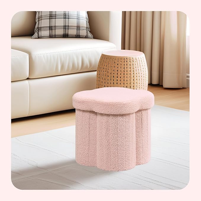 PINPLUS Floral Storage Ottoman Cube Boucle Footrest Stool with Lid, Multi-Functional Cube Seat for Living Room, Dorm & Bedroom – Pink 12.6"x12.6"x12.6"