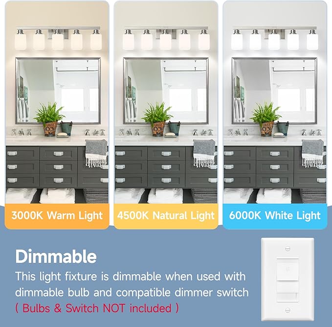 5-Light Bathroom Vanity Light,Brushed Nickel Vanity Lights with Square Frosted Glass,Modern Bathroom Wall Lights Fixtures Over Mirror,Wall Sconces Lighting for Bedroom Living Room,E26