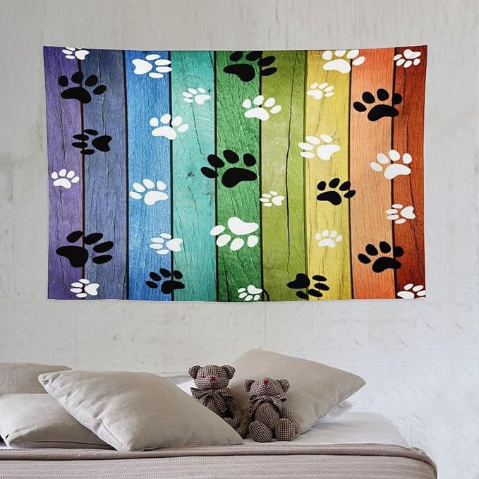 VUMIVI Dog Paw Tapestry Vintage Rustic Colorful Barn Boards Black White Animal Footprints Tapestry Wall Hanging for Living Room Bedroom Dorm Classroom Aesthetic Decor W60xL40in