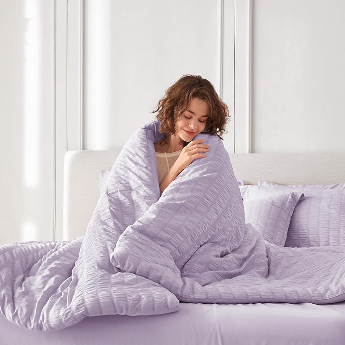 MUXHOMO 7 Pieces California King Comforter Set, Seersucker Bed in a Bag Cal King Size, All Season Luxury Bedding Set with Comforter, Flat Sheet, Fitted Sheet, Pillowcases & Shams, Lavender