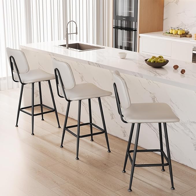 24-Inch Leather Bar Stools Set of 2, Counter Height Barstools with High Backrest，Bar Chairs for Kitchen Island with Heavy Duty Metal Base, Beige
