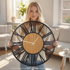 24'' Extra Large Farmhouse Wall Clock, Vintage Wall Clock with Metal Frame for Living Room, Dining Room, Bedroom, Office Decor. (Wooden Centre)