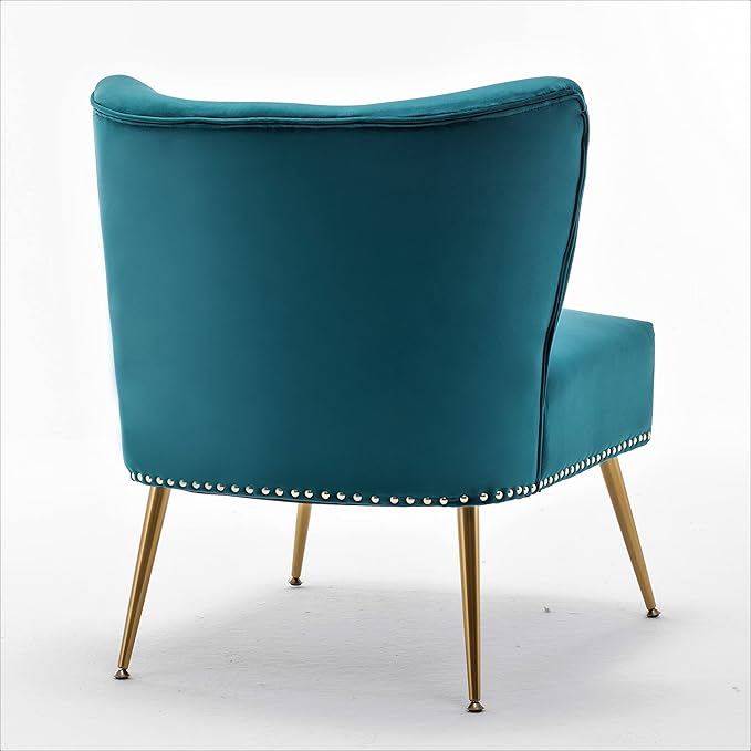 Thia Armless Velvet Accent Chair for Living Room, Elegant Seat with Nailhead Trim, Gold Metal Legs and Comfortable Curved Back, 28" D x 25" W x 29.5" H, Bluish Green