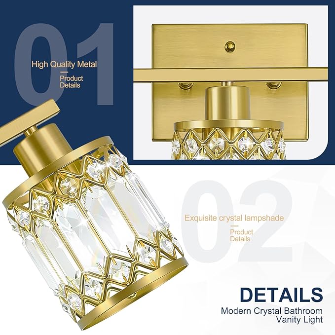 Crystal Modern Bathroom Light Fixtures, 3-Light Brushed Gold Bathroom Vanity Wall Light, Vanity Lights for Mirror, Restroom, Bedroom (E26 Socket, Bulbs Not Included)