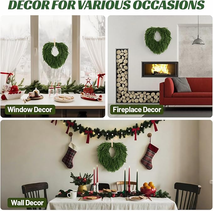 24" Norfolk Pine Wreath, Artificial Christmas Wreaths, Real Touch Green Winter Garland for Front Door Wall Window Indoor Outdoor Christmas Home Holiday Decor, FF13
