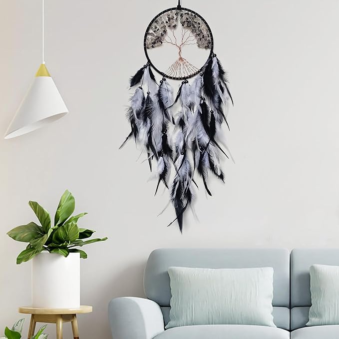 Black and White Dream Catcher Wall Decor Crystal Tree of Life Dream Catchers Handmade Feather Dreamcatcher Wall Hanging Ornament for Bedroom Living Room Home Decor