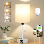 Small Bedside Lamp for Bedroom Nightstand - 3000K 4000K 5000K Bedside Lamps with USB C and A Ports, Pull Chain Table Lamps with AC Outlet, Nightstand Lamps with White Metal Base for Kids Reading