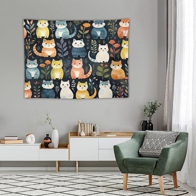 VUMIVI Cartoon Abstract Cat Tapestry Fun Cute Animals Plants Bohemian Modern Art Color Illustration Tapestry Wall Hanging for Living Room Bedroom Dorm Classroom Aesthetic Decor W40xL30in