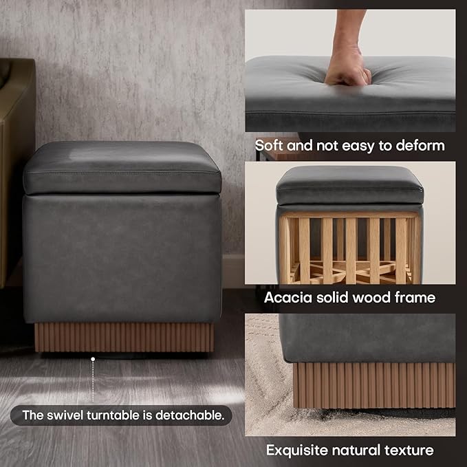 Swivel Storage Ottoman with Hidden Compartment, Square Faux Leather Footstool, Solid Acacia Wood Frame, 500 lbs Capacity, No Assembly Required, for Living Room & Bedroom
