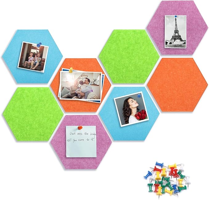 8 Packs Hexagon Felt Pin Board, 12" Bulletin Board with 30 Push Pins, Felt Board for Home Kitchen Office Decor, Self-Adhesive Corkboard Tiles for Walls School Message Photos Memos-Colorful