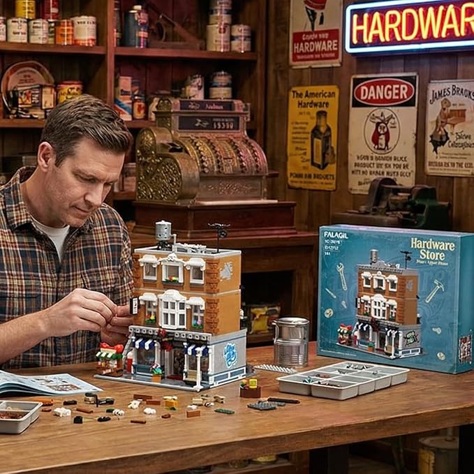 Vintage American Hardware Store Building Blocks, 3-Story Modular Street View with Hot Dog Cart & 7 Figures, 3642 Pieces Adult Building Kit, Collectible City Architecture Model