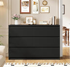 6 Drawer Dresser Black Modern Fluted Tall Wooden Chest Double Dresser for Bedroom, Living Room, Closet