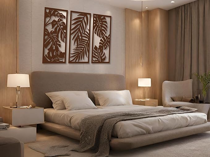 Vailla Wood Wall Art Decor Tropical leaves Wall Hanging Sculpture Modern Home Decoration 3 Wall Hangings Large Wooden Wall Arr 3D Textured Sculptures for Living Room Bedroom Office Dinnig Room