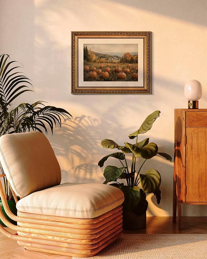 ARPEOTCY Vintage Gold Framed Wall Art Decor, 11x14 Inch Pumpkin Field Picture Artwork, Classical Farmhouse Fall Wall Art for Living Room Bedroom Study, Retro kitchen Autumn Decor Aesthetic