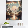 Ambesonne Mountain Tapestry, Sunrise Scenario of Meadows Featuring Groovy Mounts with Lake Clouds, Fabric Wall Hanging Decor for Bedroom Living Room Dorm, 23" X 28", Peach Fawn Pale Seafoam