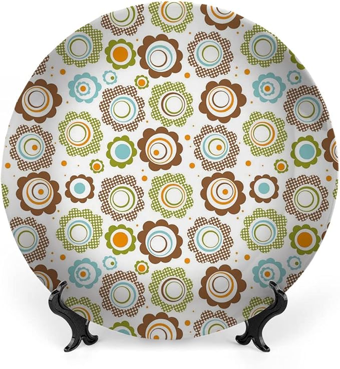 Ceramic Display Plate, Floral Ceramic Hanging Decorative Plate, Traditional Retro Polka Dots Cartoon Style, 10 Inch, Household Custom Ceramic Plate, Multicolor
