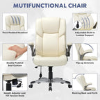 COLAMY High Back Executive Office Chair- Ergonomic Home Computer Desk Leather Chair with Padded Flip-up Arms, Adjustable Tilt Lock, Swivel Rolling Chair for Adult Working Study-Ivory
