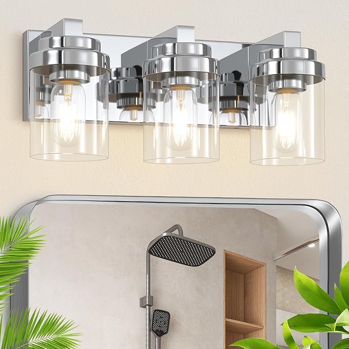 Bathroom Vanity Light, 3 Light Bathroom Light Fixtures with Clear Glass Shade, Polished Chrome Vanity Light Fixtures Over Mirror for Bedroom Living Room,E26
