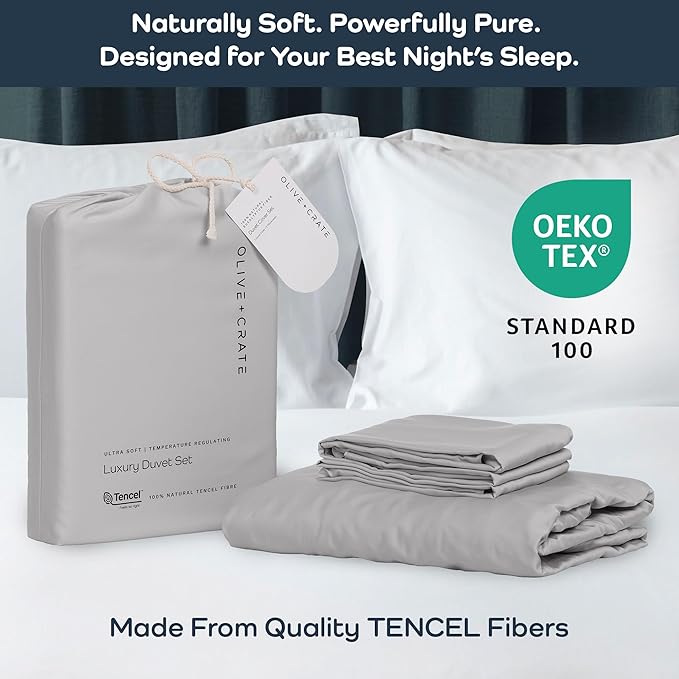 Olive + Crate Tencel Eucalyptus Cooling Duvet Cover Set - Hypoallergenic, Lyocell Tencel Duvet Cover - Soft, Temperature Regulating with Hidden Button Closure & Corner Ties - King Size [Gray Mist]