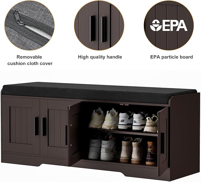 2-Tier Storage Bench, Shoe Bench with Thickened Padded Seat Cushion, Entryway Bench with 4 Doors, Adjustable Shelf, 13.8" D x 45.3" W x 18.5" H, for Entryway, Living Room, Bedroom, Brown