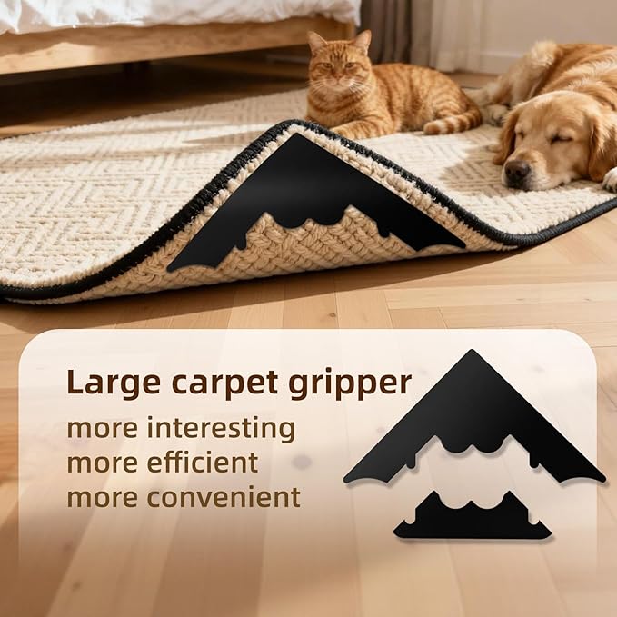 16 Pcs Rug Carpet Non Slip Grippers, No Damage Reusable Rug Tape for Hardwood Floors and Tiles, Keep Corners Flat, Double-Sided Adhesive Area Rugs