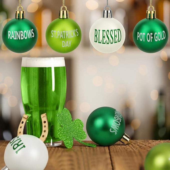 JULMELON 24 Pcs St. Patrick's Day Ornaments, 1.6 inches Shatterproof Shamrock Balls with Irish Blessings, Green White Plastic Tree Decorations for St. Patrick's Day Party, Festival