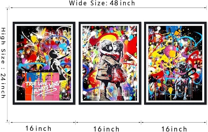 Novatique Banksy Canvas Wall Art for Bedroom Colorful Graffiti Pictures Wall Decor Graffiti Street Print Pictures for Bedroom Living Room Decor,16" x 24" x 3Pcs