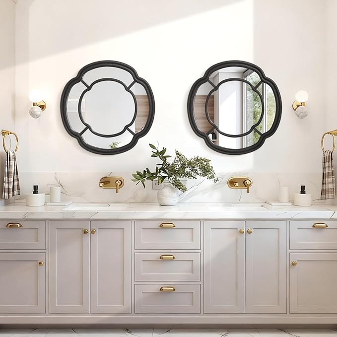 Black Wall Mounted Mirror, Irregular Circle Hanging Mirror Wooden Wavy Framed Round Decorative Mirrors for Hallway Entryway Vanity Decor 20 Inch Mirrors