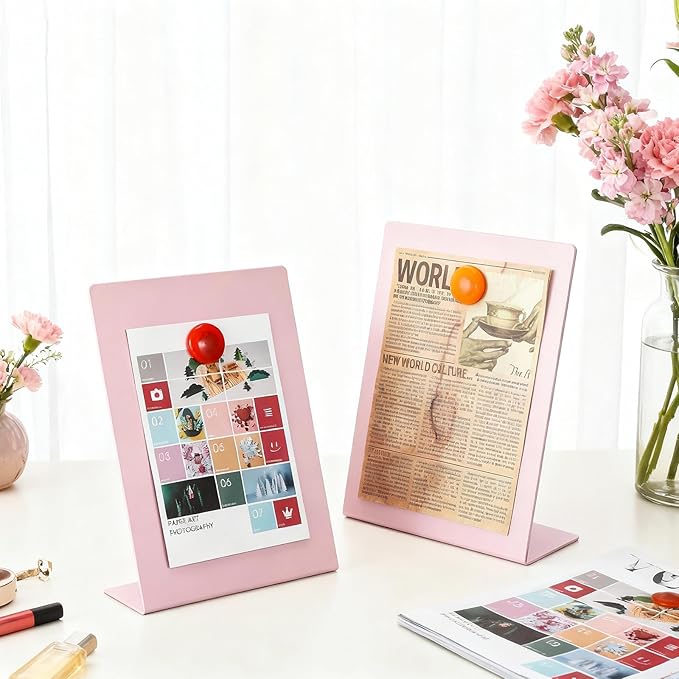Shimeyao 2 Pcs Pink Magnetic Bulletin Board for Tabletops with 8 Magnets 10x7 Inch Memo Display Easel Stand for Home Office School Kitchen Table Supplies (Square)