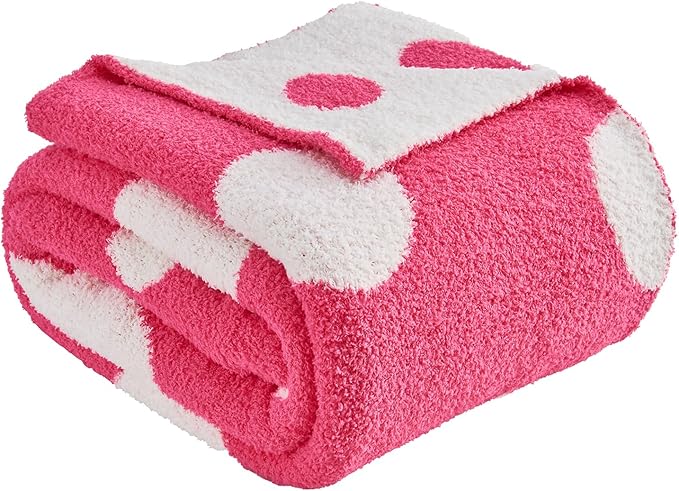 CozeCube Super Soft Fullfy Microfiber Reversible Knitted Blankets, Warm Cozy Fuzzy Plush Throw, Hot Pink and White Polka Dot Throw Blanket for Couch Bed Sofa, 60" x 80"