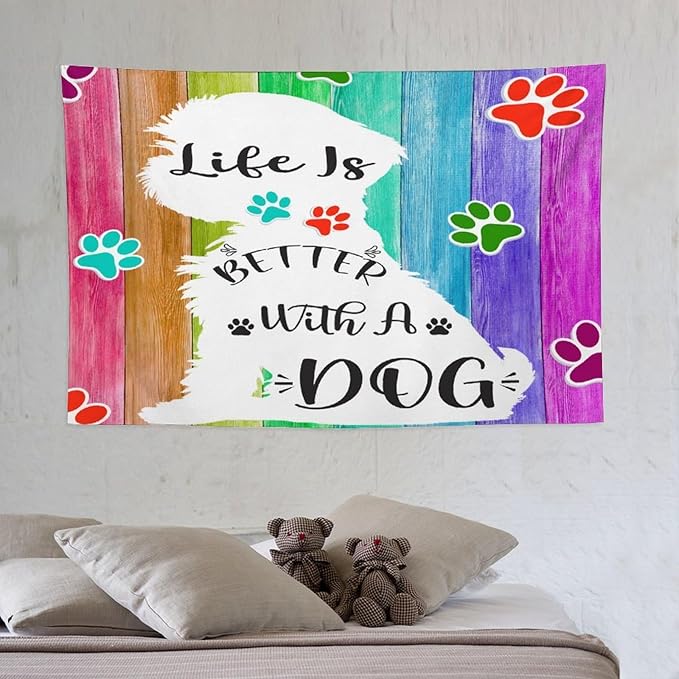 VUMIVI Cute Dog Tapestry Rainbow Color Planks Rustic Farmhouse Home Decor Pet Paws Tapestry Wall Hanging for Living Room Bedroom Dorm Classroom Aesthetic Decor W60xL40in