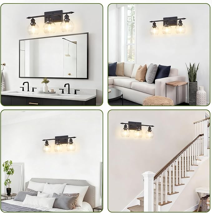 3-Light Bathroom Light Fixtures Matte Black Vanity Light Over Mirror Modern Vanity Lighting with Clear Glass Globe Vintage Wall Sconce for Kitchen Living Room Hallway Bedroom