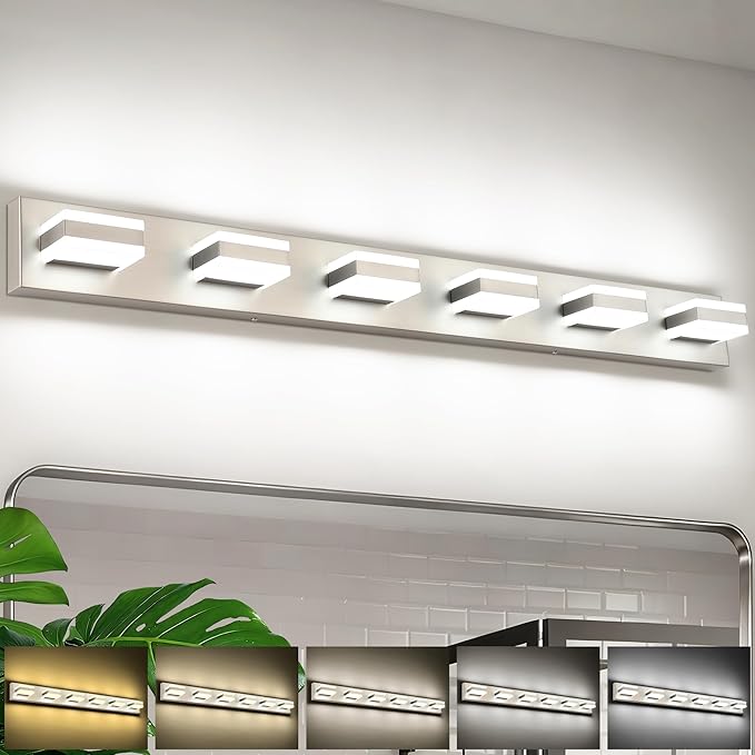 SOLFART Bathroom Vanity Lights, Brushed Nickel Light Fixtures for Bathroom Above Mirror, 6 Light Led Vanity Lighting,5 Color Temperature Adjustable,Bath Lighting Fixture Nickel