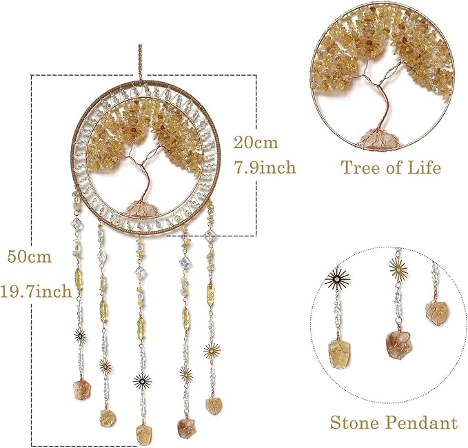 Crystal Tree of Life Dream Catchers with Stone Pendant Yellow Dream Catcher Wall Decor Handmade Dreamcatcher Wall Hanging Ornament for Bedroom Living Room Home Decor