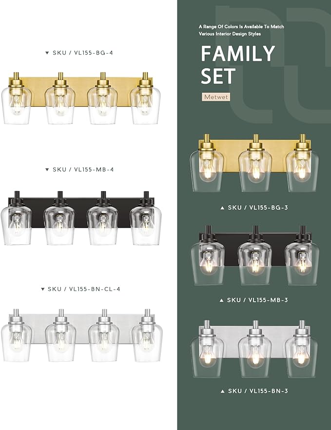 Bathroom Light Fixtures, 4-Light Modern Vanity Light with Clear Glass Wine Glass-Shaped Shade, Vanity Lighting Fixtures Over Mirror, Brushed Nickel, VL155-BN-4