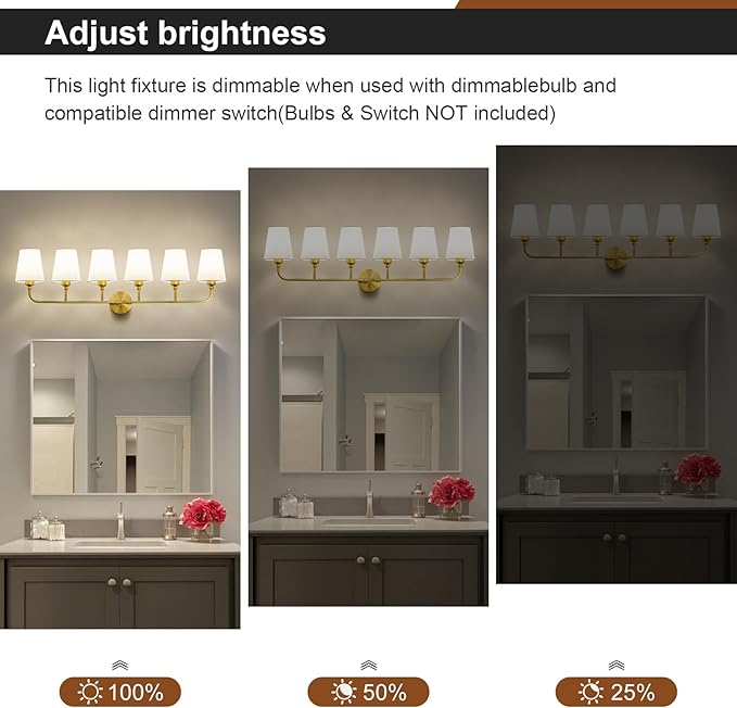 Kvhilw Bathroom Vanity Light, Brushed Gold Bathroom Light Fixtures, 6-Light Lighting Fixtures Over Miror, Modern Wall Sconce with Flared White Fabric Shade, E26 Socket(ETL Listed)