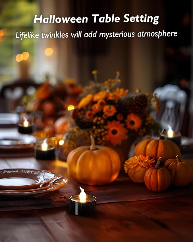 Black Candles, 12 Pack Tea Lights Candles Battery Operated, LED Tealight Candle, Flameless Votive Candle for Fall Holiday Decor, Theme Party -1.4" D X 1.3" H