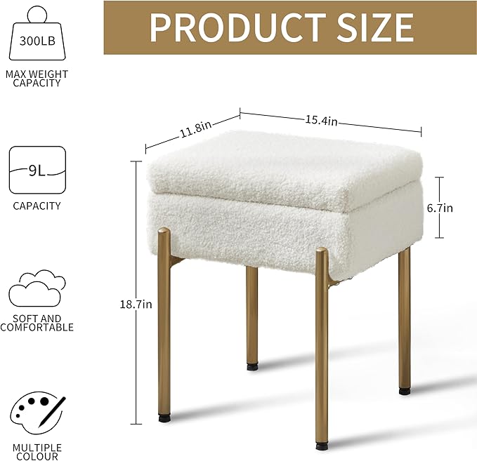 Vanity Stool Chair, Small Ottoman Stool with Storage, Makeup Vanity Chair with Anti-Slip Feet, Footstool Ottoman with Metal Legs, Storage Chairs for Makeup Room, Bedroom, Living Room (White+Gold)