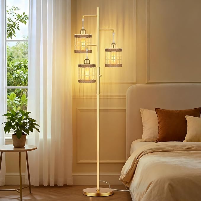 QiMH Industrial Floor Lamps for Living Room, Tree Standing Lamp with Stepless Dimmable, 68" Tall Lamps for Bedroom Study, 3 LED Bulbs Included, Gold