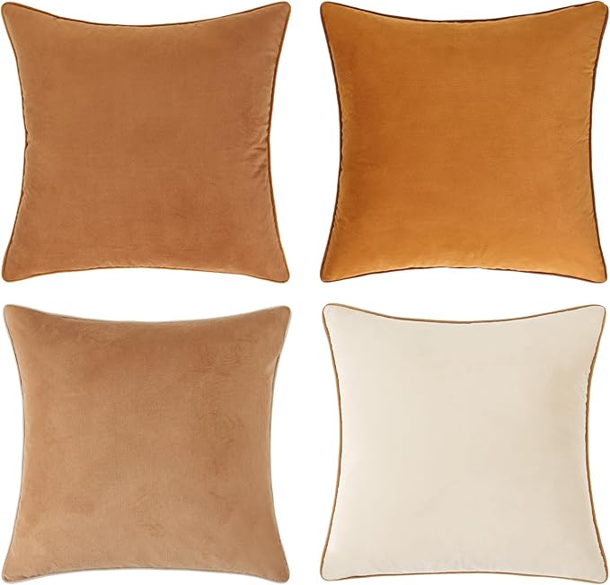 Mecatny Set of 4 Velvet Throw Pillow Covers 20x20, Soft Colorful Accent Decorative Couch Pillow Covers for Sofa Bedroom Living Room, Brown/Khaki