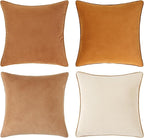 Mecatny Set of 4 Velvet Throw Pillow Covers 18x18, Soft Colorful Accent Decorative Couch Pillow Covers for Sofa Bedroom Living Room, Brown/Khaki