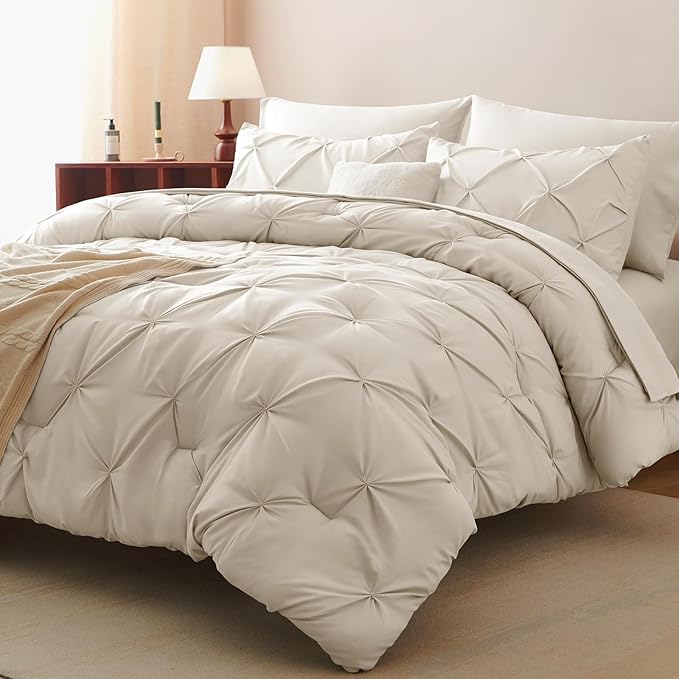 CozyLux Twin Comforter Set with Sheets Beige, 5 Pieces Pintuck Bed in A Bag, Twin Bed Set Gift for Family, Pinch Pleat Bedding Set with Comforter, Sheets, Pillowcase & Sham