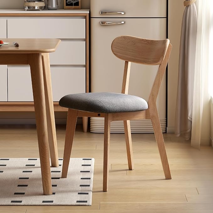 100% Solid Oak Dining Chairs, Mid Century Modern Dining Chair with Curved Backrest, Fabric Upholstered Dining Chairs for Kitchen, Study, Living Room (2, Original Wood-Dark Gray Cushion)